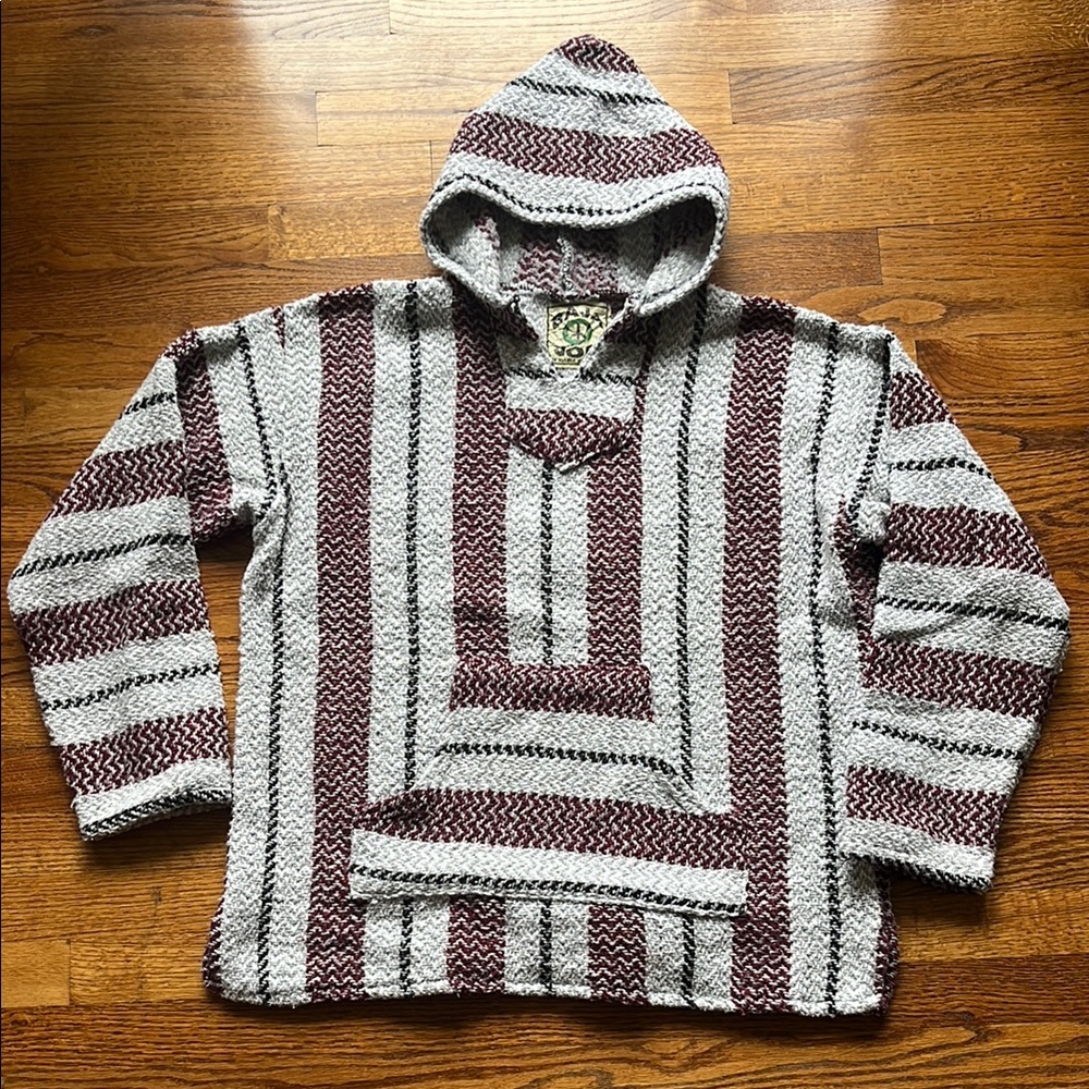 Gray and Maroon Baja Hoodie Sweater with Textured Knit